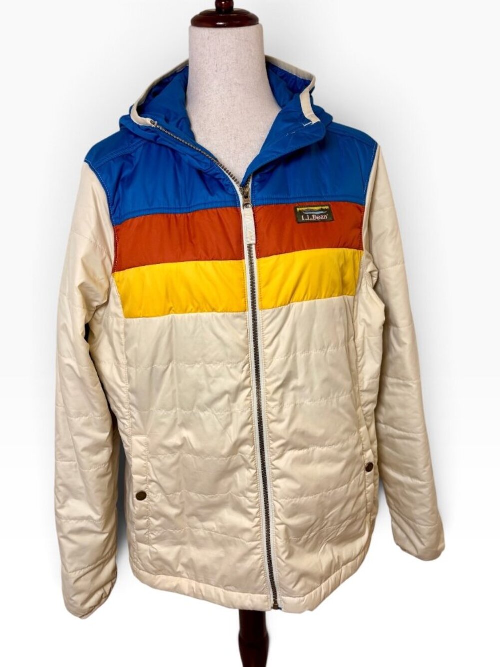 L.L.Bean Mountain Classic Puffer Paperwhite Colorblock Hooded Jacket Large